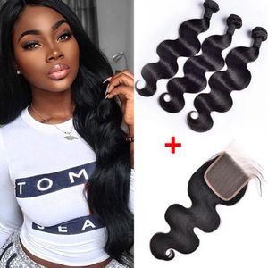 Brazilian Straight Loose Deep Body Wave Curly Human Hair Weaves 3 Bundles With 4x4 Lace Closure Bleach Knots Closures