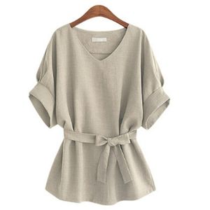 Summer Women Blouses Linen Tunic Shirt V Neck Big Bow Batwing Tie Loose Ladies Blouse Female Top For Tops 4Color Newest