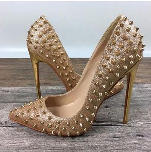 Guldnålnitar röd botten hög klack kvinnor designer rödsolat guld silver glitter spikad grunt klack pump pekade tår bröllopsklänningskor 12-10-8 cm låda+dammväska