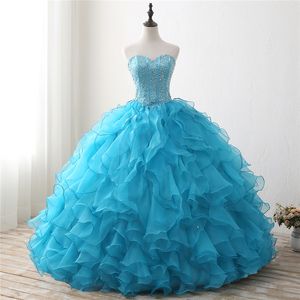 2018 Yeni Mavi Balo Quinceanera Elbiseler Boncuklu Balo Tatlı 16 Elbise Artı Boyutu Lace Up Vestido De 15 Anos Q78