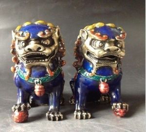 Foo Löwen-Statuen großhandel-Ein paar handarbeit alte cloisonne malerei kupfer statuen lion foo dog