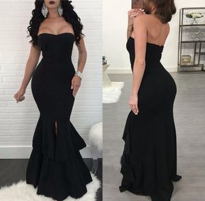 Sexy Black Mermaid Evening Dresses Ruffles Prom Dresses With Split Sweetheart Formal Party Wear