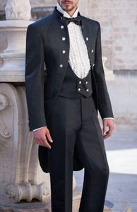 Mandarin Yaka Siyah Tailcoat Damat Smokin Sabah Stil Erkekler Düğün Aşınma Yüksek Kalite Erkekler Örgün Balo Parti Suit (Ceket + Pantolon + Kravat + Yelek) 06)