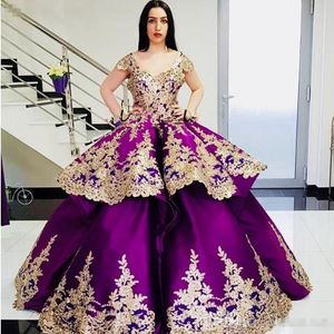 Golden Appliqued Purple Evening Gowns V-Neck Cap Sleeves Satin Ball Gown Quinceanera Dresses Ballgown Pageant Prom Dress