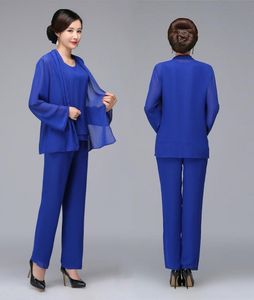 Royal Blue Beaded Mother Of The Bride Pant Suits With Jacket Chiffon Boho Mothers Outfit Formal Garment Wedding Guest Dresses HY335