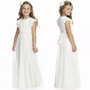 Söt elfenbensbesättning Neck Chiffon Long Flower Girls Dresses Golvlängd dragkedja tillbaka veck För första nattvardsbarn formell slitage födelsedag go339x