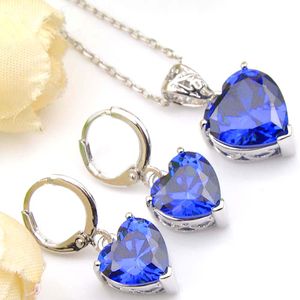 Hot 6 Sets Blue Topaz Cubic Zirconia Gems 925 Silver Heart Pendants Necklace Earring Wedding Engagement Weddings Jewelry Sets