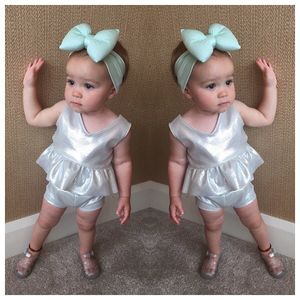 New 2018 Baby Clothes Summer Infant Toddler Outfits Newborn Baby Girl Silver Tops + Shorts 2PCS Girls Set Children Kids Boutique Clothing