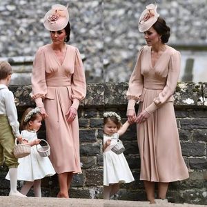 Hot Sales Chiffon Mother Of The Bride Dress Long Sleeves Tea Length Vintage Country V Neck Dusty Pink Formal Evening Gowns Guest Wear