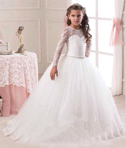 Long Sleeves Flower Girl Dresses Bow Lace Girls Normal Party Girls Dress For Party Wedding Ball Gown Kids Dress199Z