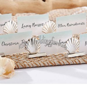 50 sztuk Silver Seashell Miejsce Uchwyt Karty Plaża Theme Wedding Favors Rocznica Party Stół Decor Urodziny Dostaw Pomysł