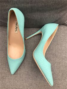 Free shipping fashion women pumps Mint Green snake printed point toe high heels thin heel shoes genuine leather real photo wedding shoes