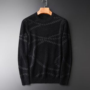Minglu Autumn And Winter Men Sweater Hight Quality Warm Suede Silver Thread Jacquard Men Pullover Sweater Black Mens Sweaters