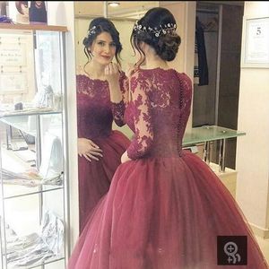 Vintage Sheer Lace Ball Gown Quinceanera Dresses Long Sleeves Scoop Burgundy Lace Appliques Sweet 16 Girls Gowns Formal Party Gowns