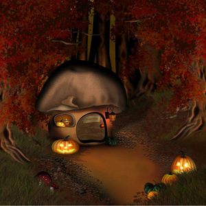 Fairy Tale Mushroom House Photography Background Printed Maple Trees Pumpkin Lanterns Baby Kids Halloween Party Photo Backdrop