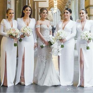 Scheide neue weiße tiefe V -Nacken Langhärme hohe Seite geteilte Abschlussballkleider für Hochzeiten Brautjungfernkleider Vestidos estidos