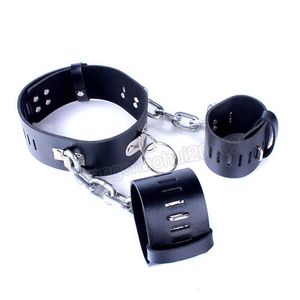 Bondage Restraints Handcuffs Chain Leash Slave harness Neck Collar to Wrist Cuffs Device #R45