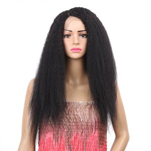 24inch Long Kinky Straight Wig Värmebeständig syntetisk spetsfront peruker för kvinnor sida Parts svart peruk