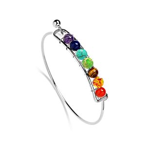 Charm Silver Bangles Natural Stones Pärlor Armband 7 Chakra Healing Balance Armband Bangles Smycken För Kvinnor Gåvor