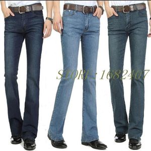 Gratis frakt Mäns Business Casual Jeans Man Mid Midist Elastiska Slim Boot Cut Semi-Flared Four Seasons 26-36
