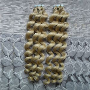İnsan saç Uzantıları 40 adet Remy Cilt Atkı Bandı Gevşek Dalga Çift Çizilmiş Bant Saç Uzantıları İnsan Saç Üzerinde Tutkal