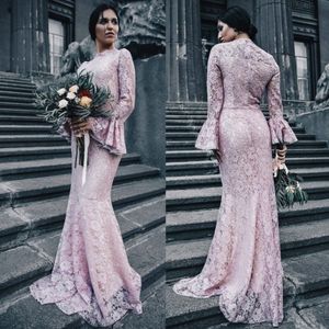High Quality Lace Country Bridesmaids Dresses Jewel Neck Flare Long Sleeves Wedding Guest Dress Floor Length Mermaid Maid Of Honor Gowns