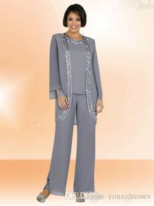 New Design Cheap 2018 Chiffon Jewel Long Mother Of The Bride Pant Suits With Jacket Embroidery Formal Suits Custom Made223R