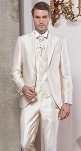 Moda Parlak Bej Erkekler Düğün Smokin Tepe Yaka Iki Düğme Damat Smokin Yüksek Kalite Erkekler Balo / Akşam Yemeği / Darty Elbise (Ceket + Pantolon + Kravat + Yelek) 6
