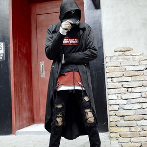 Extra long Trench coat with hood men Black color DJ Nightclub wear Autumn Spring