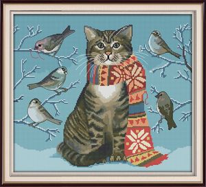 A cat and birds animal room decor paintings ,Handmade Cross Stitch Craft Tools Embroidery Needlework sets counted print on canvas DMC 14CT  11CT