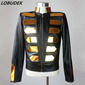 European Nightclub Bar Tide Male Costume Gold Mirrors Sequin Black Pu Leather Jacket Slim Cool Coat Man DJ Singer Punk Rock Stage Costume