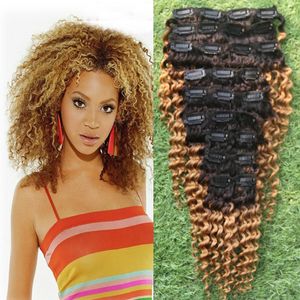 1b / 27 Virgin Mongolian Afro Kinky Curly Clip In Human Hair Extensions 9 st / set clips 4b 4c Ombre Hair Clips för Ponatail Remy Hair