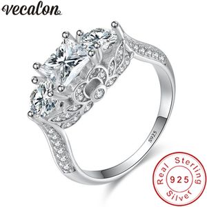 Vecalon Handmade Three-Stone 925 Sterling Silver Ring 5A Zircão CZ Noivado Casamento Anéis de Casamento Para As Mulheres Bridal Jóias