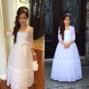 Prenses Uzun Kollu Dantel Kutsal Komünyon Elbiseler Kızlar Pageant Balo Vintage Çiçek Kız Dreses Vestidos