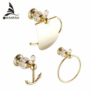 Bath Hardware Sets European Style Hook on the Wall Luxury Crystal Brass Paper Holder Gold Bathroom Hangings Towel Ring HK00