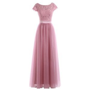 Pink Scoop Neck Lace Long Tulle Prom Dresses Robe de Soiree Cap Rękaw V Backless Druhna Dress