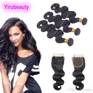 Cabelo humano brasileiro de Yirubeauty Fechamento de renda 4x4 com 3 pacote de cabelo de onda corporal Teceliosos com 8-28 polegadas