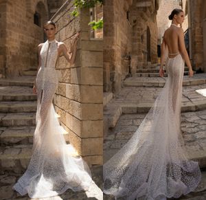 2019 Mermaid Wedding Dresses High Neck Sexy Backless Front Split Sweep Train Boho Wedding Dress With Short Lining Beach Bridal Gowns