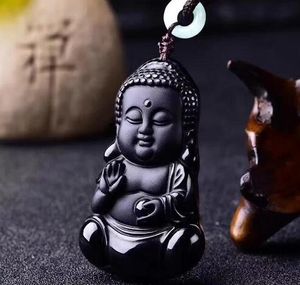 53x32mm Drop Shipping Vacker kinesisk handarbete Naturlig Black Obsidian Carved Baby Buddha Lucky Pendant + Pärlor Halsband