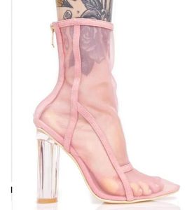 2018 Air Mesh Boots Clear Heel Booties Point Toe Transparent Heel Bota Mujer Back Zip Fashion Ladies PVC Sko