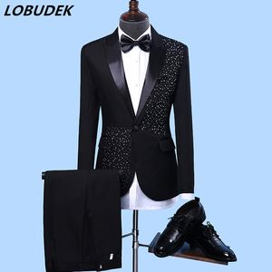 Men's Formal Suits Black White Crystals Slim Blazers Group musical performance Costume Wedding Party Prom Nightclub Host singer Stage suit