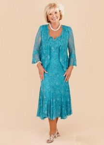 Elegant Turquoise Plus Size Mother of the Bride Lace Dresses Tea Length Wedding Party Gowns Vestidos Do Noche Custom Made