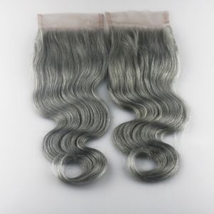 Vendita calda 4x4 Grey# Chiusura in pizzo Capelli umani Capelli vergini brasiliani Body Wave Chiusura svizzera in pizzo