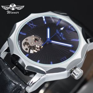 Gewinner Blau Exotische Zwölfeck Design Skeleton Zifferblatt Männer Uhr Geometrie Top Marke Luxus Automatische Mode Mechanische Uhr