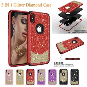 Custodia con diamanti glitter per iPhone X Xr Xs Max 8 7 6 6s Plus 5 5S SE 3 in 1 Custodia in plastica antiurto in gomma TPU Robusta armatura ibrida