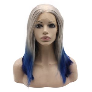 Ombre cinzento azul curto bob rendas dianteiro peruca calor cabelo de fibra segura