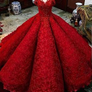 Ball Stunning Lace Gown Red Wedding Dresses Sparkly Beads Applique Off Shoulder Puffy Train Dubai Princess Bridal Gowns s