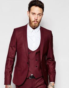 Moda Bir Düğme Koyu Kırmızı Damat Smokin Şal Yaka Groomsmen Best Man Blazer Erkek Düğün Takımları (Ceket + Pantolon + Yelek + Kravat) H: 719