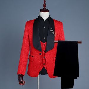 Embossing Groom Tuxedos Red Groomsman Bröllop 3 Piece Suit Fashion Men Business Prom Party Jacka Blazer (Jacka + Byxor + Tie + Vest) 2656