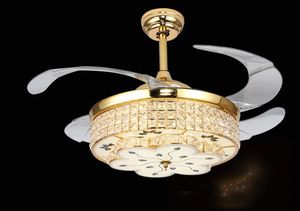 Modern LED Lüks 42 inç Görünmez Geri Çekilebilir Kristal Tavan Fanları Işıkları Yatak Odası Katlanır Tavan Fanı Lambası Uzaktan Kumanda LLFA